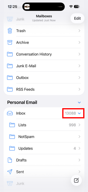 Apple Mail Mailboxes screen after tapping the arrow; the previously-hidden folders are revealed indented beneath the Inbox.